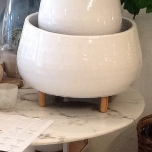 White Ceramic Planter w/ Wood Feet Large