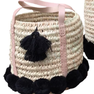 Handwoven Basket with Black Poms Medium