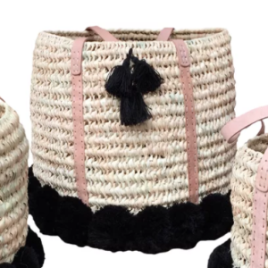 Handwoven Basket with Black Poms Large